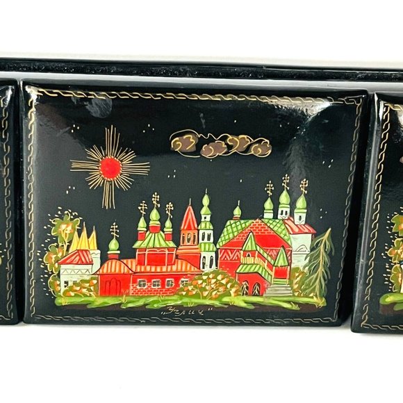 Russian Black Lacquer Box 3 compartments Artist Signed Handpainted 7.25" L - Picture 3 of 11